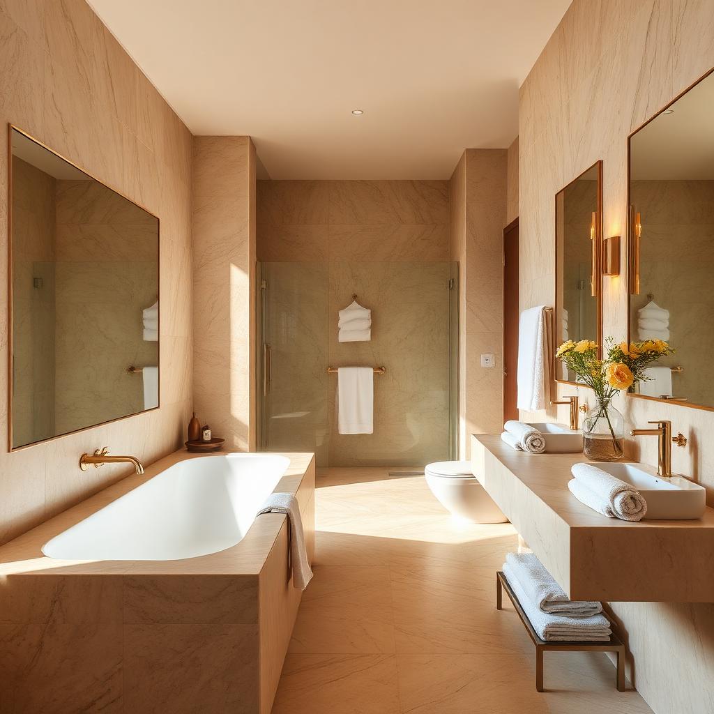 Modernes Badezimmer mit Travertin und Hotelhandtüchern