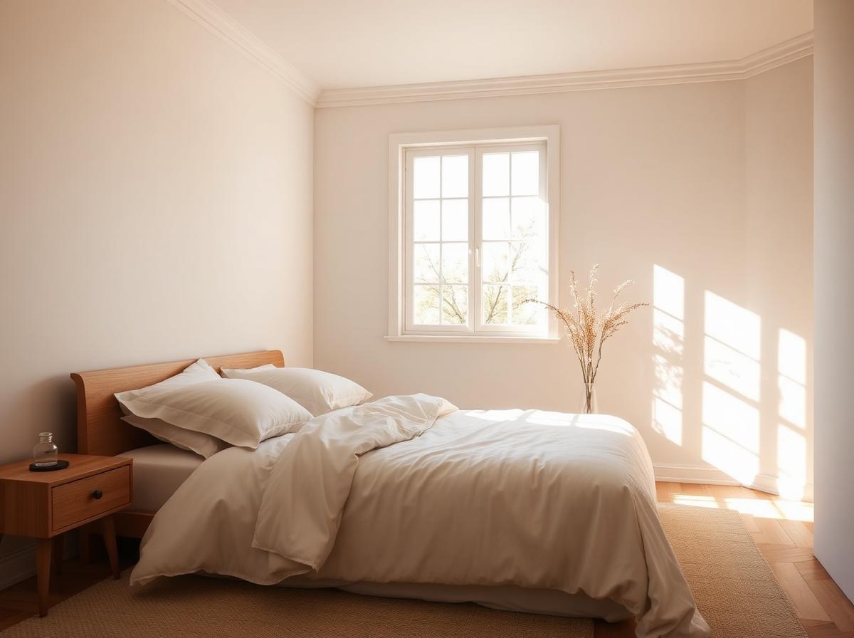 Helles Schlafzimmer mit warmem Sonnenlicht und Premium-Bettwäsche