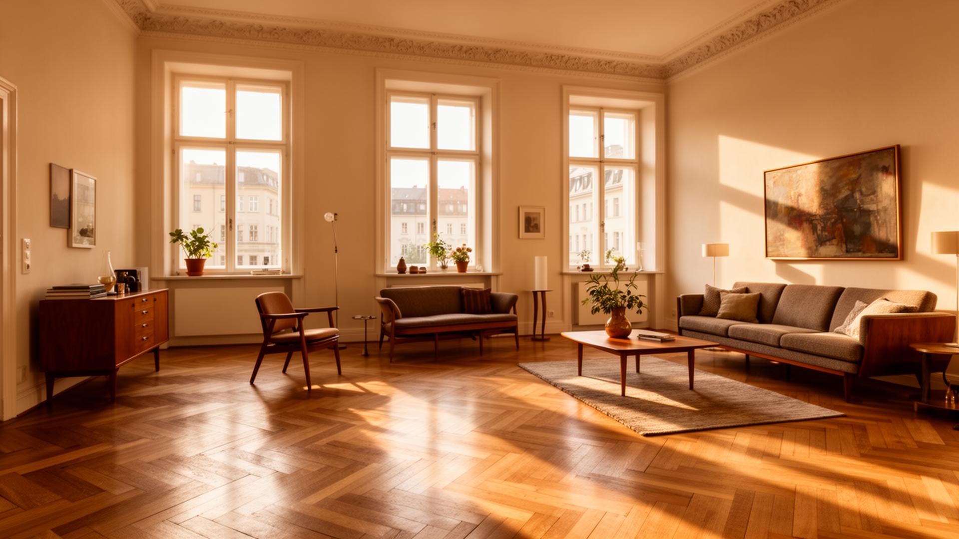Sonnendurchflutetes Berliner Altbau-Wohnzimmer mit Fischgrätparkett